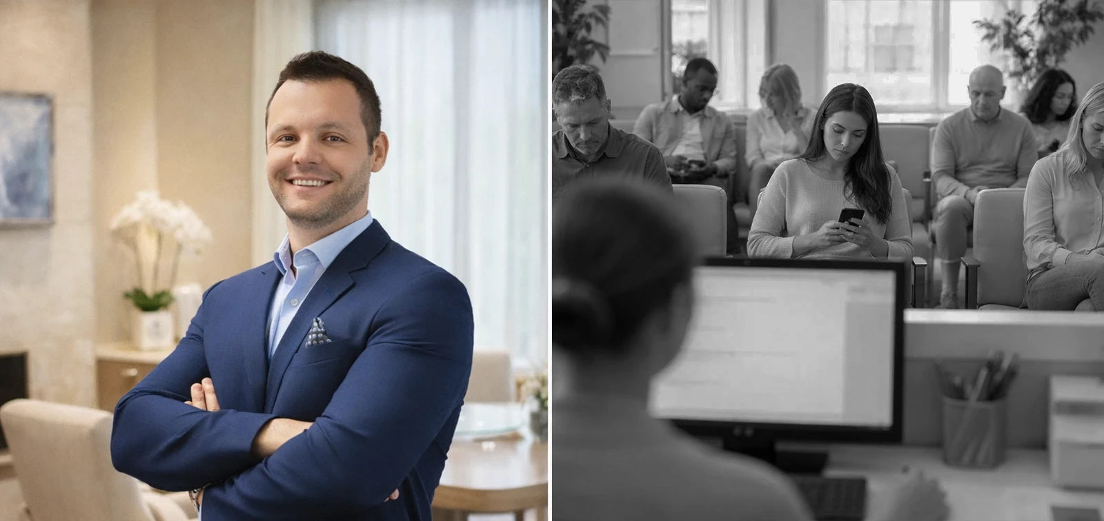 A man in a suit smiles in an office; a group listens to a presentation in a meeting room