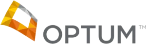 Logo featuring a geometric shape and the word "OPTUM" in gray text