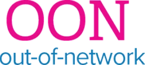 Logo with the text "OON" in pink and "out of network" in blue