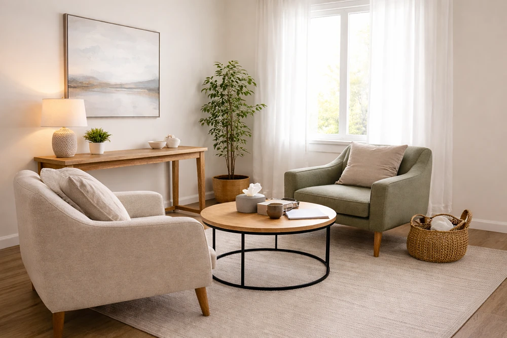 A bright living room with two chairs, a table, and a potted plant near a window