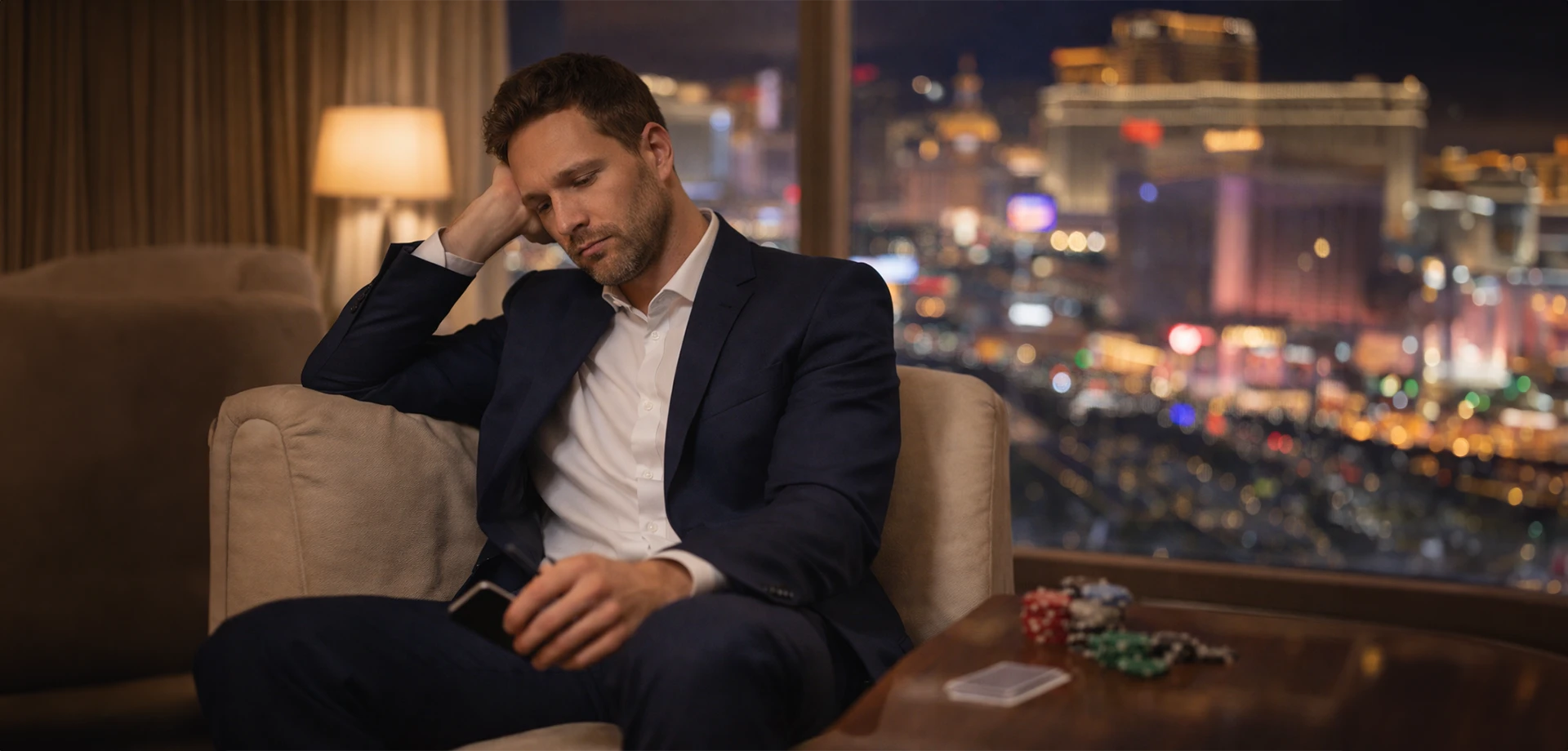 A man in a suit sits on a couch, looking pensive, with city lights visible behind him